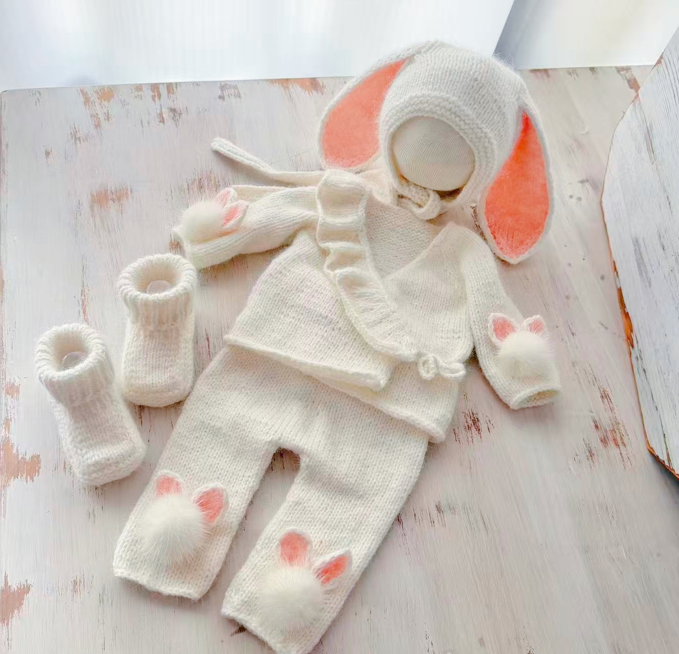 Handmade Knitted Bunny Outfit Set - Newborn Photography Costume